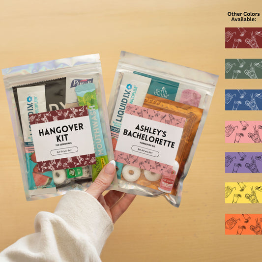 Pre-filled hangover recovery kit favor bags for a bachelorette party