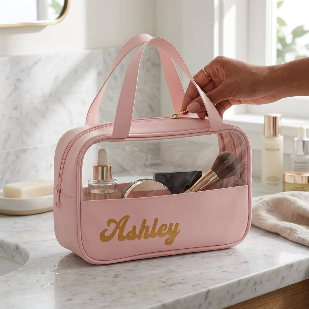 Personalized clear makeup bag with custom name for a bridesmaid gift