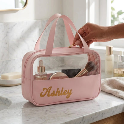 Personalized clear makeup bag with custom name for a bridesmaid gift