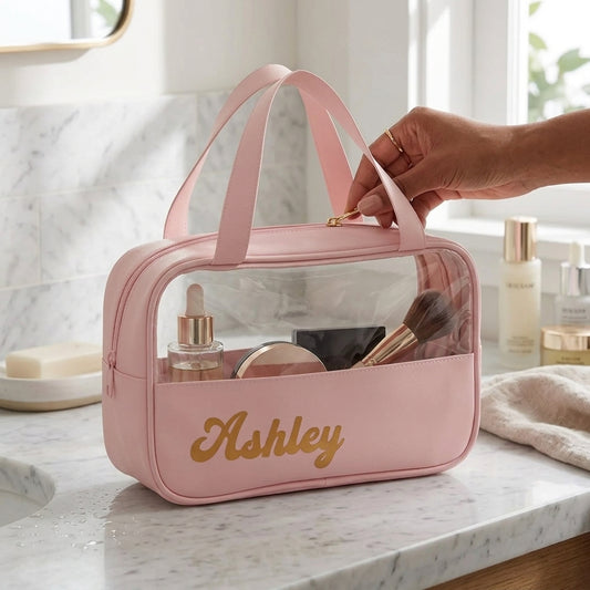 Personalized clear makeup bag with custom name for a bridesmaid gift