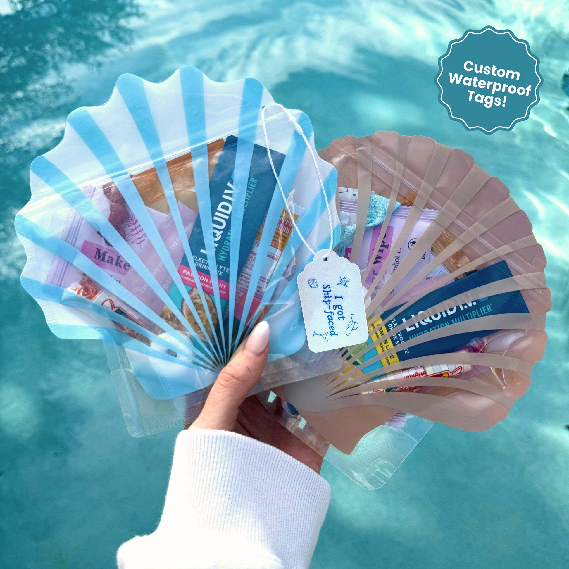 Seashell hangover recovery kit bags for a beach bachelorette party
